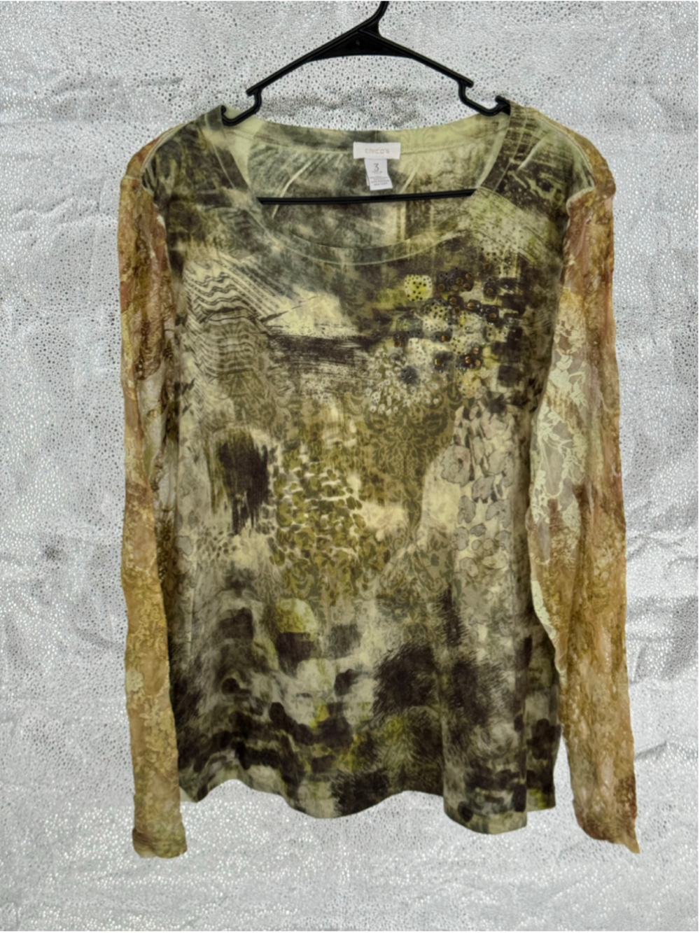 Women's Chico's Long Sleeve Tee, Size 3X, Green and Brown